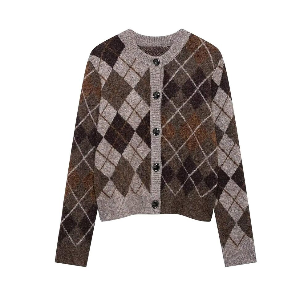 Women's Argyle Cardigan Sweaters Plaid Long Sleeve Button Down Preppy
